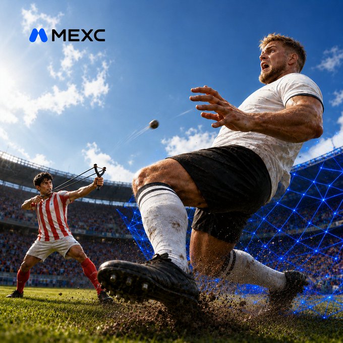 A soccer player in a white jersey kicks up dirt on the field while an opponent in red-and-white stripes swings a racket-like object at an airborne ball, with the "MEXC" logo displayed in the top left corner. The dynamic sports imagery reinforces the post's message about trading through upsets and losses, visually tying the "underdog days pay off" theme to competitive athletic performance.