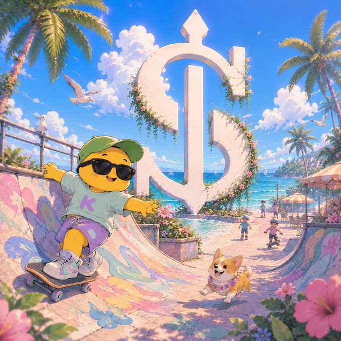 An illustration of a yellow character wearing sunglasses and a green cap skateboarding on a ramp, with a corgi dog, a large stone logo, and a tropical beach setting in the background.