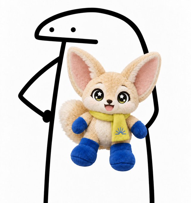 A cartoon line-drawing figure stands behind a plush toy resembling a fennec fox with large pink-lined ears, starry eyes, blue paws and feet, and a yellow scarf with a small logo.