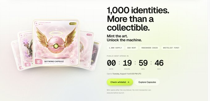 The image promotes an NFT mint for "SKYWING CAPSULE" collectibles, showing a countdown of 00:19:59:46 until public mint opens at a price of 0.6 RBCH with 1,000 total supply, minting on the Robinhood Chain. This aligns with the post's announcement about Robacha Capsules' staking rewards and the upcoming mint opportunity at robacha.fun/mint.