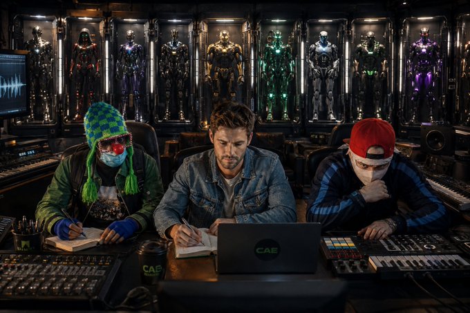 A cinematic scene of three people working at a mixing desk in a high-tech studio, with one wearing a colorful checkered beanie and mask, the center person in a denim jacket, and another in a red cap, surrounded by Iron Man-style armor suits displayed in illuminated cases.