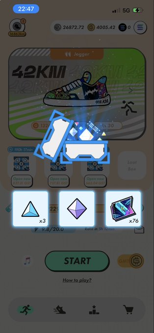A mobile game screenshot showing a "Jogger" mode with a sneaker graphic, 42KM distance, and various item options including triangular tokens and crystals (x76).