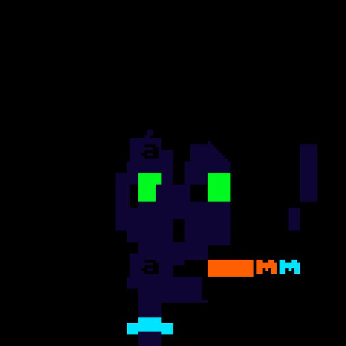 A dark pixel art image of a shadowy figure with glowing green eyes and an orange and cyan segmented object extending from its side.