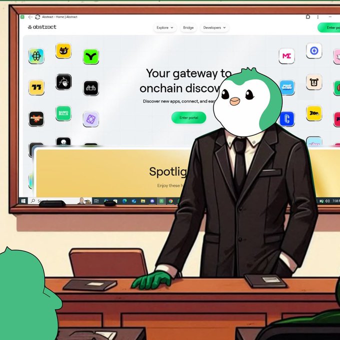 An illustrated scene featuring a character with a white and green bird-like head wearing a black suit, standing at a desk in front of a large screen displaying the 'abstract' website, with the text 'Your gateway to onchain discove' visible.