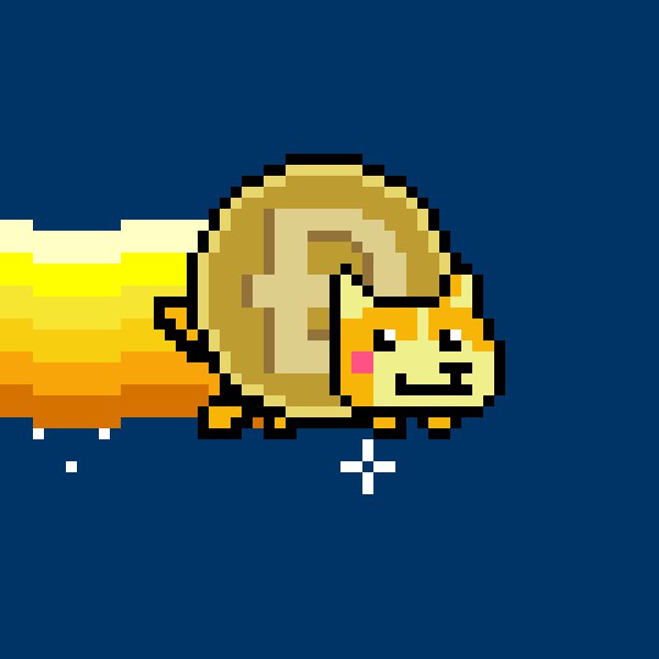 The image features a cartoon cat with a gold coin attached to its head as it runs across a blue background. The caption below the image reads, "Nyan Dogecoin collected by Nyantrout for 2 ETH (€3,400) opensea.io/item/ethereum". This suggests that the cat is associated with Nyan Dogecoin, an Ethereum-based cryptocurrency, and it has been collected as a token of appreciation or sponsorship from Nyantrout.