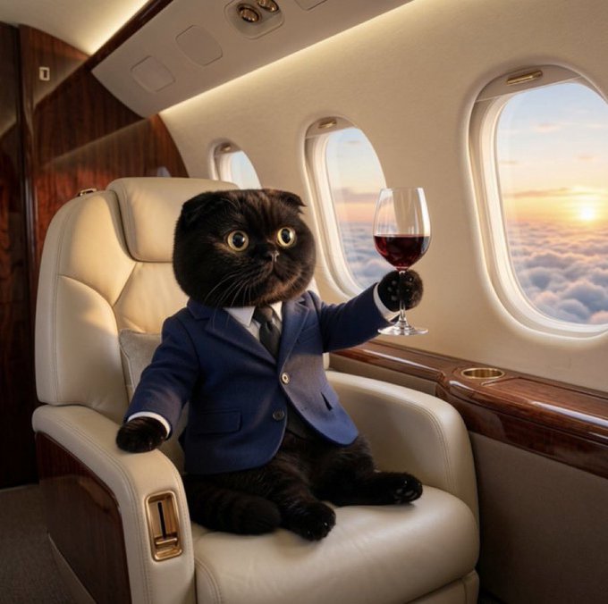 A black Scottish Fold cat dressed in a sharp navy suit sits comfortably in a luxurious leather seat inside a private jet, raising a glass of red wine toward the window as the sun sets above the clouds. The image serves as a humorous, high-flying visual metaphor for the post's promise that value from decreased Noxa volume will be redirected to Pons, with 80% of that captured value fueling $PONS buybacks.