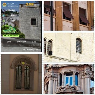 A STEPN app screenshot showing a walking workout of 2.65 km in 00:30:20, alongside photos of historic European architecture including buildings and columns.