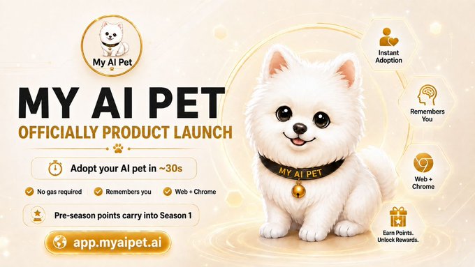This promotional banner advertises the official product launch of "My AI Pet," a virtual companion accessible at app.myaipet.ai that can be adopted in under 30 seconds without gas fees. The image features a cute white fluffy dog wearing a "My AI Pet" collar, alongside key selling points like Instant Adoption, Remembers You, Web+Chrome compatibility, and a rewards system—with the post noting that the project recently secured $2.6M in seed funding from investors including Amber, ViaBTC Capital, and TBV.