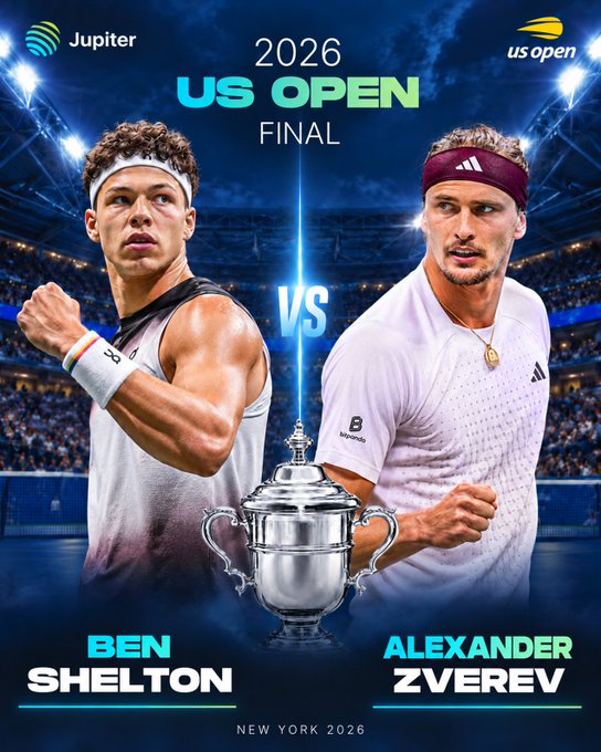 A promotional graphic for the 2026 US Open Final shows tennis players Ben Shelton and Alexander Zverev facing off against a stadium backdrop with the US Open trophy displayed between them, sponsored by Jupiter. The image directly accompanies the post announcing their matchup, highlighting Zverev's 5-0 head-to-head lead and Shelton's record-breaking 158 mph serve.
