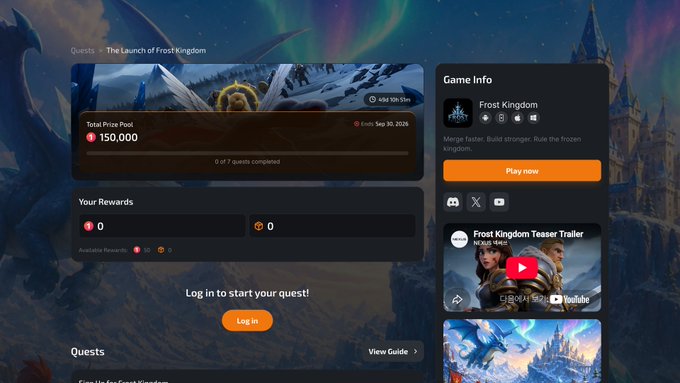 A digital game interface displays "The Launch of Frost Kingdom" quest page with a total prize pool of 150,000 ONE, an end date of Sep 30, 2026, and a "Log In" button prompting users to start their 7 quests. The right panel shows "Game Info" for Frost Kingdom alongside a teaser trailer video thumbnail.