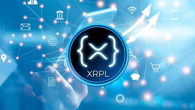 A digital graphic featuring the XRPL (XRP Ledger) logo centered on a blue background with various tech and finance icons, including up arrows indicating growth.