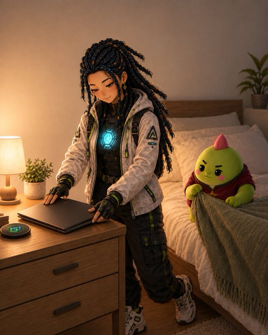 A young woman in a tech-style jacket with glowing accents closes her laptop on a nightstand, while a green character resembling @sleepagotchi's mascot peeks out from the bed beside her. The cozy bedroom scene of winding down after an energetic day mirrors the post's theme of finding balance between productivity and rest, with both @sleepagotchi and @BeldexCoin representing the importance of unplugging.