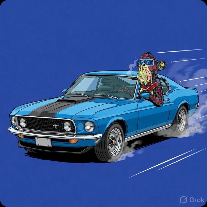 A Grok-generated cartoon illustration shows a creature with goggles and a beanie driving a blue classic Ford Mustang with black racing stripes against a solid blue background.
