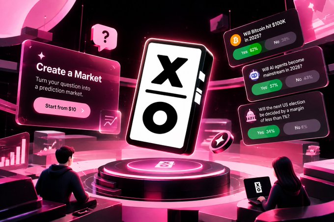 A futuristic pink and purple digital interface displays prediction markets on a smartphone, featuring questions like 'Will Bitcoin hit $100K in 2025?' and 'Will AI agents become mainstream in 2026?', alongside a 'Create a Market' button starting from $10.