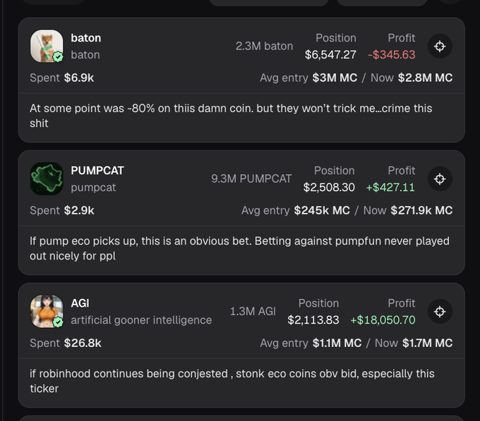A crypto portfolio tracker displays three positions: a $6.9k "baton" bet down 80% with -$345.63 loss, a $2.9k "PUMPCAT" bet up +$427.11 noted as a bet against pumpfun, and a $26.8k "AGI" (artificial gooner intelligence) bet up massively by +$18,050.70 with bullish commentary about "stonk eco" coins on Robinhood. The image supports the post's thesis by showcasing AGI as a winning "stonk" call that did 80-100x+, validating the rotation thesis from "stonkfun to pumpfun."