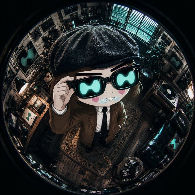 A stylized illustration of a chibi-style character wearing a flat cap, brown suit, and tie, with glowing cyan Infinity-style sunglasses, viewed through a fisheye lens in a cozy, cluttered room with records and framed art.