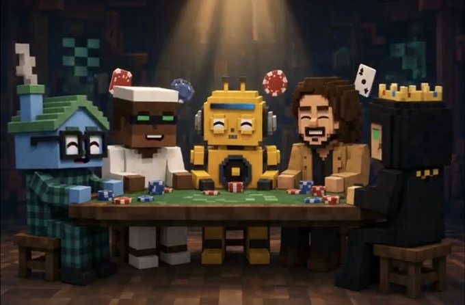 A Minecraft-themed pixel art image showing several characters, including a creeper in pajamas and others, sitting around a green poker table with floating dice and poker chips.