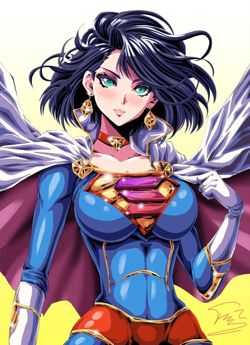 Anime-style digital illustration of a dark-haired female character with green eyes wearing a blue and red costume with white cape and gold accents.