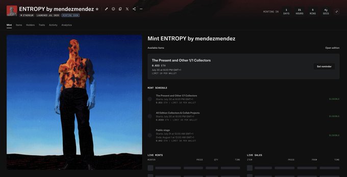An OpenSea NFT minting page for 'ENTROPY by mendezmendez', an Ethereum collection starting at 0.032 ETH, showing a photo of a person with a fiery upper body against a blue sky.