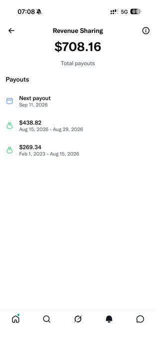 A mobile app screenshot showing a Revenue Sharing dashboard with $708.16 in total payouts, including a next payout on Sep 11, 2026, and past payouts of $438.82 and $269.34.