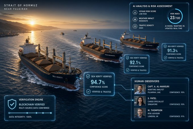 A futuristic maritime AI interface showing ships in the Strait of Hormuz near Fujairah, featuring AI risk analysis (Voyage Risk, Weather Impact, Traffic Density), Sea Verify confidence scores (94.7%, 92.1%, 91.3%), blockchain verification, and human observers including Capt. A. Al-Mansuri, S. Patel, and M. Thompson.