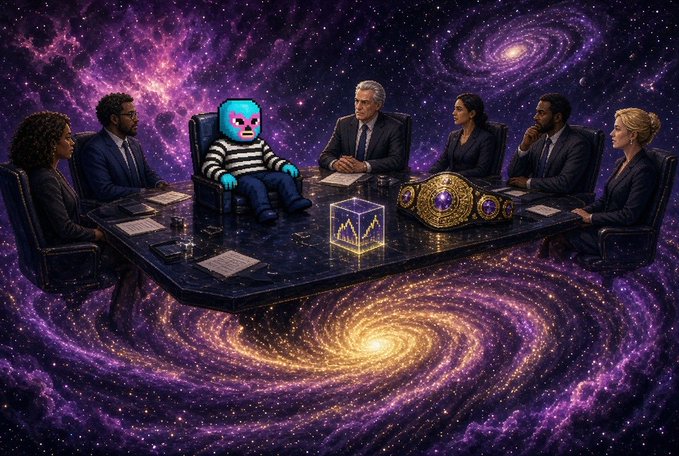 A surreal digital painting of a boardroom meeting set in outer space, featuring diverse executives around a table where one participant has a cartoonish blue cat head instead of a human head, with a glowing Infinity Gauntlet and a transparent chart display on the table.