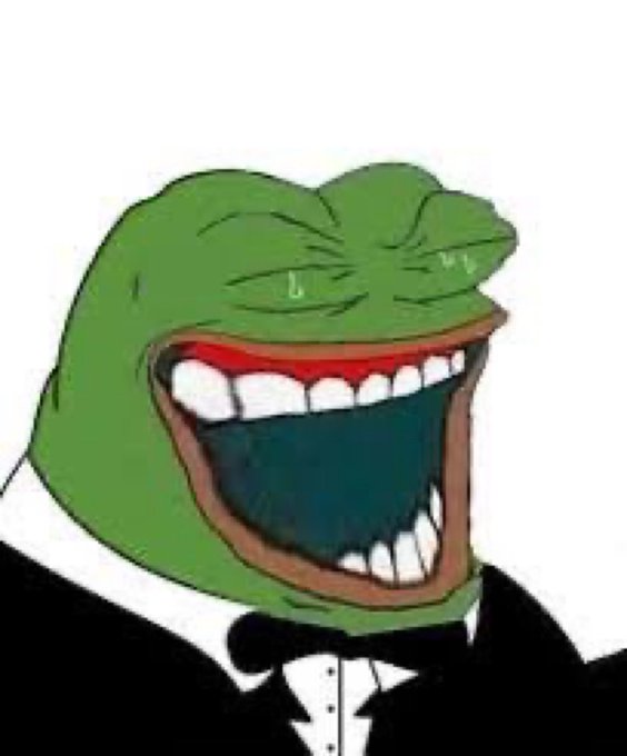 An illustration of the 'Forever Laughing Pepe' meme, depicting a green frog in a tuxedo laughing hysterically.