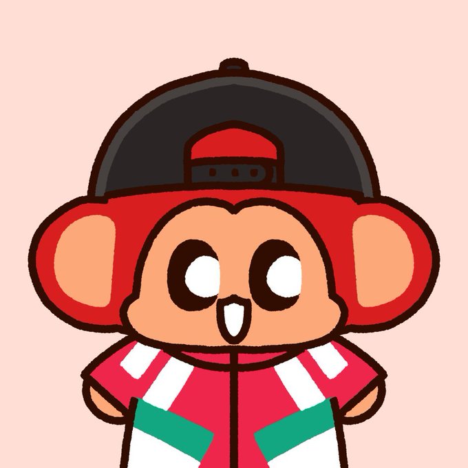 A cartoon character wearing a black baseball cap and a red, white, and green jacket, featuring large ears and an excited expression with wide eyes.