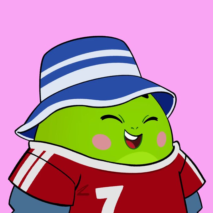 A cartoon illustration of a green character wearing a blue and white striped bucket hat and a red shirt with the number '7', smiling happily against a pink background.