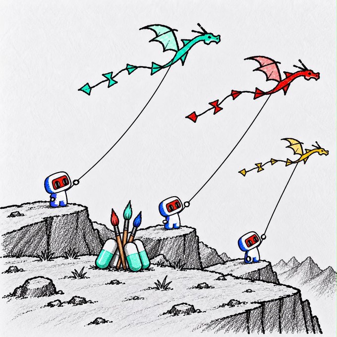 A whimsical illustration of small blue robots flying dragon-shaped kites over a rocky landscape with paintbrush-shaped capsules.
