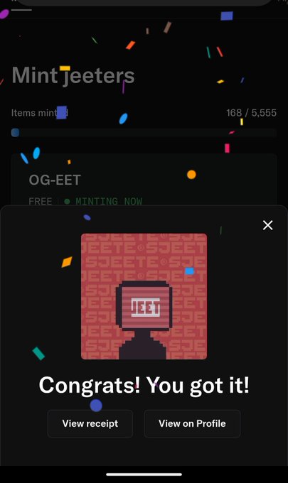 A screenshot of a 'Mint Jeeters' app showing a successful NFT mint of 'OG-BEET' with confetti animation and the message 'Congrats! You got it!'.