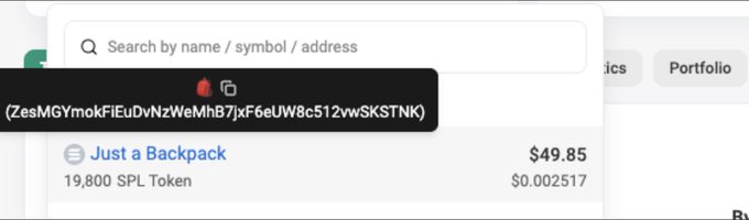 The image shows a Backpack wallet interface displaying a search bar and a token holding of 19,800 SPL tokens named "Just a Backpack," valued at $49.85 (with a unit price of $0.002517), along with a copied Solana address (ZesMGYmokFlEuDvNzWeMhb7jxfF6eUW8c512vwSKSTNK) related to the post about Backpack's co-founder giving perks to users and dividend-earning tokens.