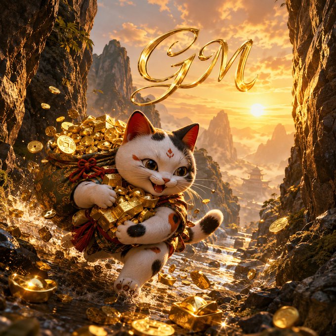 An AI-generated image features a smiling calico cat carrying a massive sack overflowing with gold coins, with a large gold 'GM' floating above against a sunset mountain backdrop.