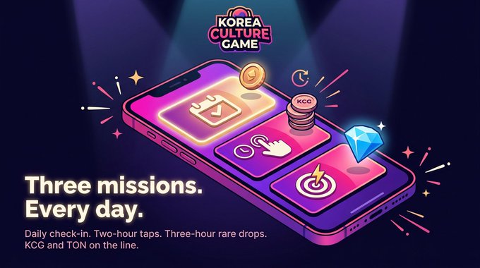 The image features a cell phone with an advertisement for the Korea Culture Game, which promotes daily routines and rewards through gameplay elements such as targets, characters, and rare drops. The text on the image encourages players to check-in every day for a reward of KCG (Korean Culture Game), tap the target character every two hours for TON (Three Hour Drops), and catch the rare target soldier appearing every three hours for TON. This advertisement highlights the game's focus on daily routines, rewards, and gameplay mechanics that players can enjoy while playing the Korea Culture Game.