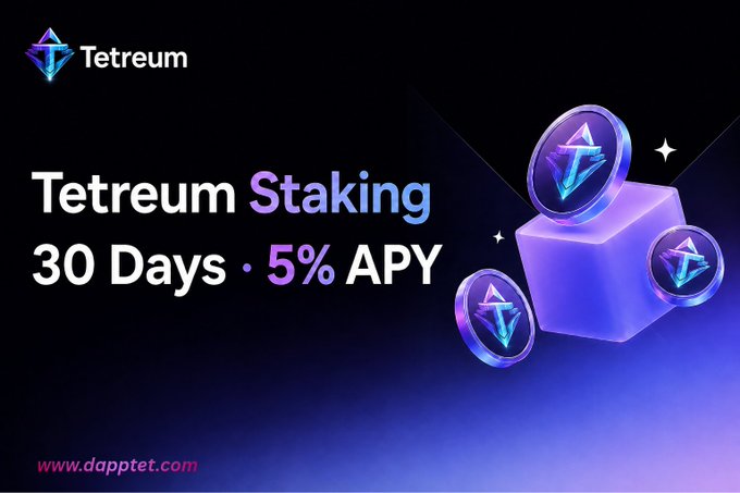 A promotional banner for Tetreum Staking offering a 5% APY over 30 days, with website www.dapptet.com, featuring a Tetreum coin and logo on a purple and black background.