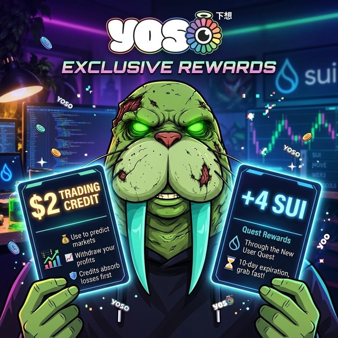 A promotional graphic for 'YOSO EXCLUSIVE REWARDS' featuring an illustration of a walrus character, advertising a '$2 TRADING CREDIT' and '+4 SUI' quest rewards, set against a backdrop of trading charts and neon lights.