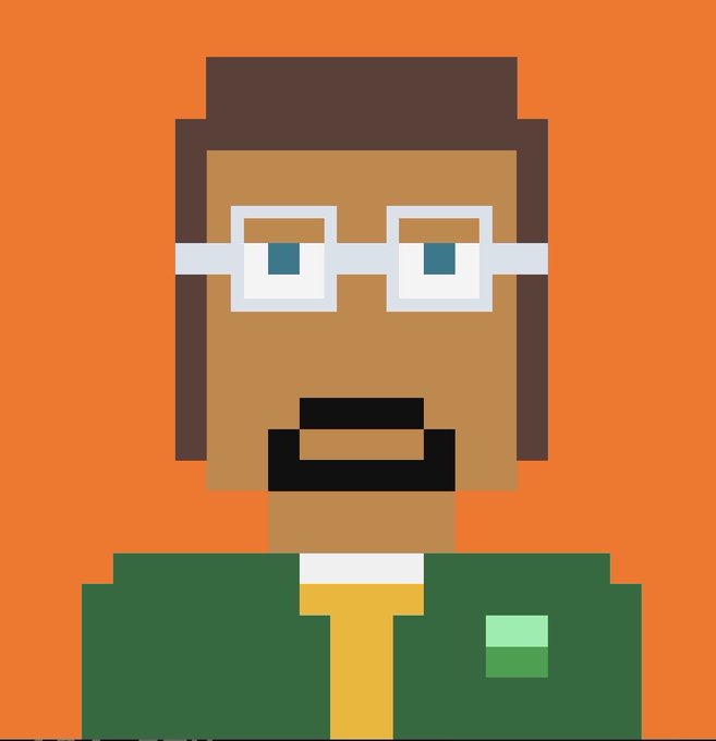 A pixel-art avatar of a bearded man with glasses in a green suit set against an orange background, accompanying a post from "STONKBROKERS" that promotes NFTs as income-earning assets while humorously dismissing aesthetic and hype-driven alternatives.