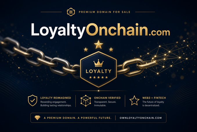 A dark blue promotional graphic advertising the premium domain 'LoyaltyOnchain.com', featuring gold chains, a loyalty shield emblem with stars, and text highlighting 'LOYALTY REIMAGINED', 'ONCHAIN VERIFIED', and 'WEB3 + FINTECH'.