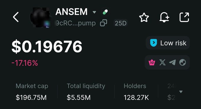 A screenshot of a cryptocurrency token page for 'ANSEM' (ticker partially shown as '9cRC...pump'), displaying a price of $0.19676, a -17.16% decline, a market cap of $196.75M, and a 'Low risk' badge.