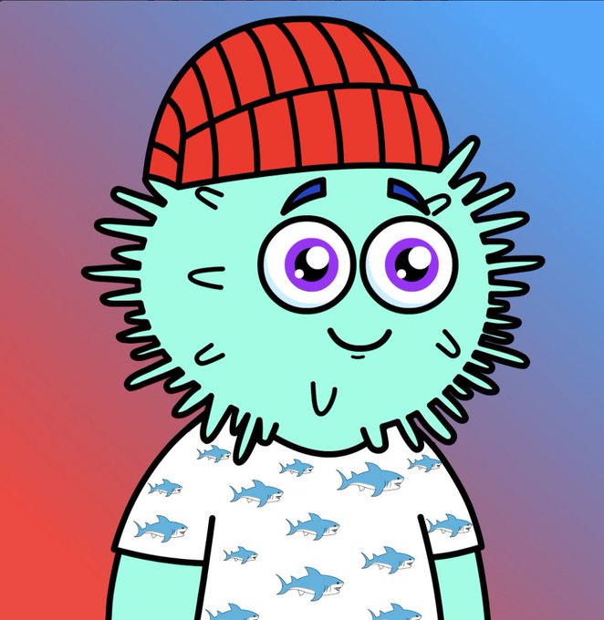 A cartoon illustration of a teal-skinned character with spiky hair, big purple eyes, and a red beanie, wearing a white t-shirt patterned with blue sharks against a gradient blue and red background.