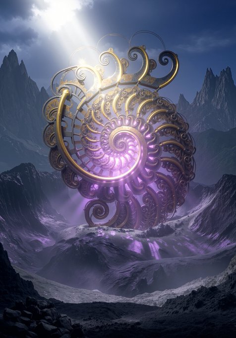 A fantasy digital artwork showing an ornate, glowing purple and gold spiral artifact or portal hovering above a rocky mountain landscape under a dramatic cloudy sky.