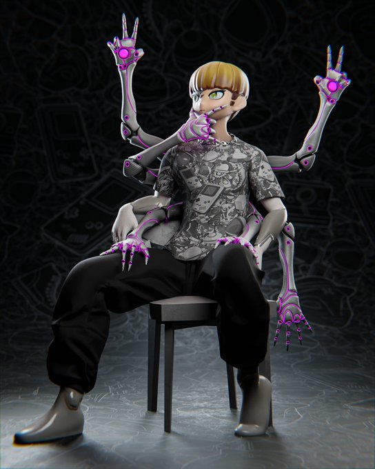 A 3D rendered character with multiple robotic arms sits on a stool wearing a graphic t-shirt and black pants against a dark patterned background.