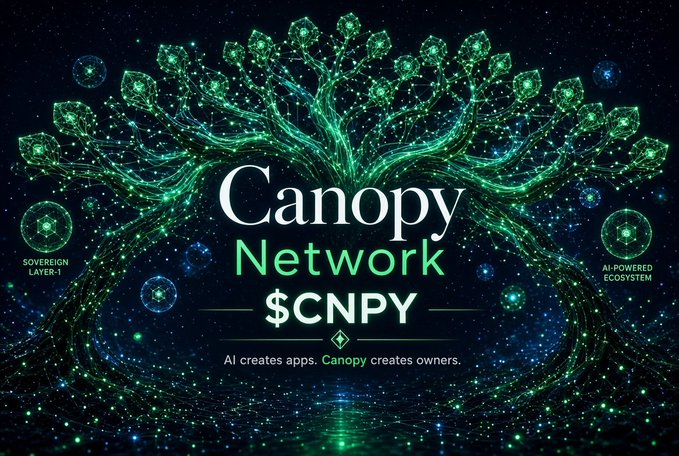A promotional graphic for 'Canopy Network $CNPY' featuring a glowing green tree made of particles, with text reading 'AI creates apps. Canopy creates owners.' and labels for 'SOVEREIGN LAYER-1' and 'AI-POWERED ECOSYSTEM'.