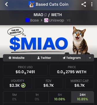 A cryptocurrency tracking screenshot for 'Based Cats Coin' (ticker $MIAO) showing the MIAO/WETH trading pair on Uniswap V2, with a price of $0.0₆7491 and a market cap of $6.7K.
