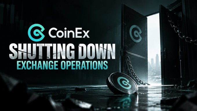 A graphic announcement reading 'CoinEx SHUTTING DOWN EXCHANGE OPERATIONS' featuring a chained coin with the CoinEx logo against a dark industrial background.