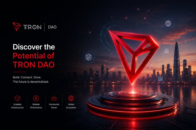 TRON DAO marketing banner titled 'Discover the Potential of TRON DAO' with tagline 'Build. Connect. Grow. The future is decentralized,' featuring a glowing red TRON logo over a cityscape.