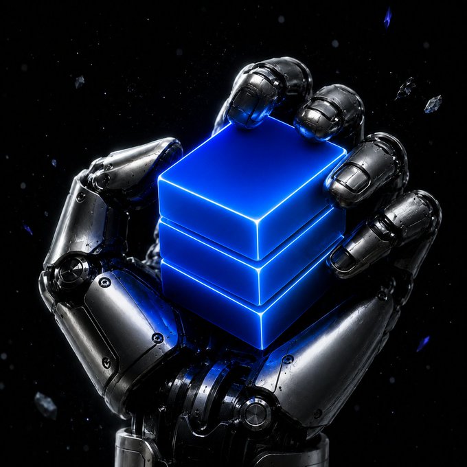 The image features a robot hand holding a blue cube against a black background with white stars scattered throughout. The caption below the image reads "When the market gets loud, your wallet tells the truth - BTC, ETH, stablecoins or memes".