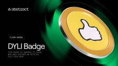A promotional graphic for the 'DYLI Badge' featuring the gold thumbs-up emblem with abstract branding elements.