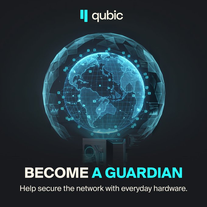 The image features the Qubic logo above a glowing digital globe encircled by a network of nodes and data icons, with the tagline "BECOME A GUARDIAN — Help secure the network with everyday hardware." It visually reinforces the post's message by symbolizing a globally accessible, decentralized network that no longer requires powerful mining rigs, but can be supported by ordinary users acting as Guardians.