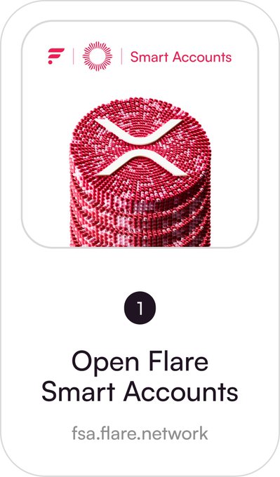 An instructional graphic showing step 1 of a Flare Smart Accounts tutorial, featuring the XRP logo alongside the Flare and Smart Accounts branding at fsa.flare.network, guiding users on how to access the platform for FSA vaults where mint, deposit, and withdrawal functions have been streamlined.